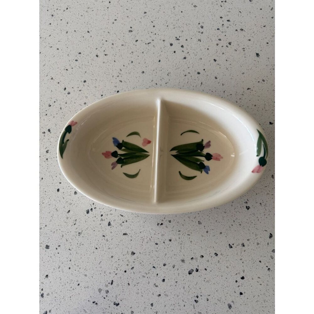 CLAY DESIGN VINTAGE 90s  Pottery Divided Serving Dish Hand Painted Irises USA